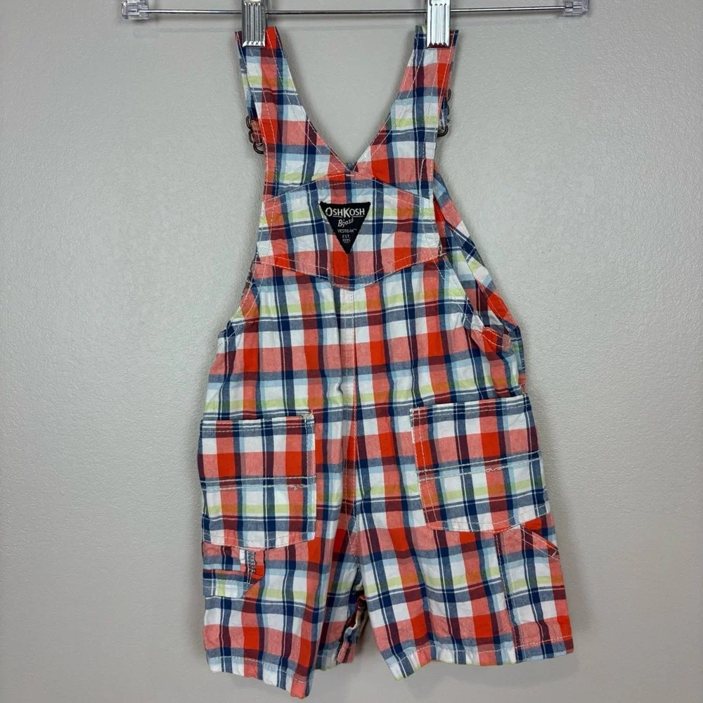 OshKosh B'Gosh Bundle Size 18M Orange Plaid Vestbak Shortalls Blue Polo Bodysuit